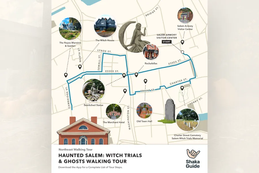 Illustrated map of the Haunted Salem: Witch Trials & Ghosts Walking Tour, highlighting stops like The Witch House, Bewitched Statue, Charter Street Cemetery, Old Town Hall, Rockafellas, and the Salem Armory Visitor Center.
