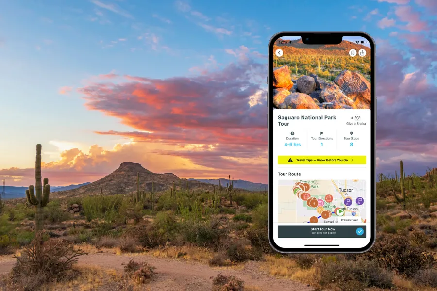 Smartphone displaying a tour app over a saguaro desert landscape at sunset, with colorful clouds, distant mountains, and cactus-filled terrain.