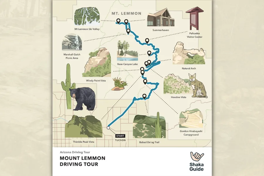 Illustrated map of the Mount Lemmon Driving Tour showing the route, scenic stops, trailheads, and major landmarks from Tucson to Mount Lemmon.