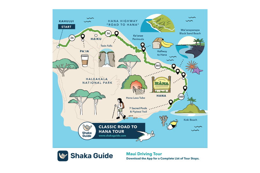 Illustrated map of Maui’s Classic Road to Hana Tour showing the driving route, major stops, and scenic landmarks from Kahului to Hana.