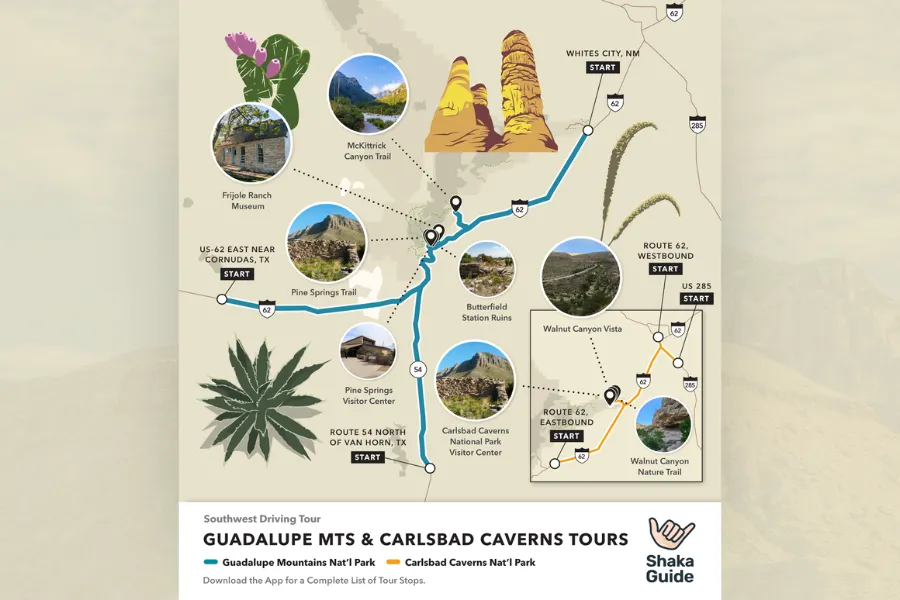 An illustrated Shaka Guide driving tour map covering both Guadalupe Mountains and Carlsbad Caverns National Parks, highlighting stops such as McKittrick Canyon Trail, Butterfield Station Ruins, and Walnut Canyon Vista, decorated with illustrations of a prickly pear cactus, agave, and cave stalactites.
