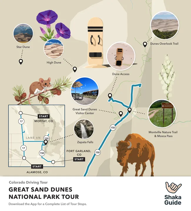 Illustrated map of the Great Sand Dunes National Park Tour showing key stops including Zapata Falls, Visitor Center, Dune Access, High Dune, Star Dune, Dunes Overlook Trail, and Montville Nature Trail. Features icons of a bison, flowers, a mouse, and a sandboard, with routes marked from Alamosa and Fort Garland, CO.
