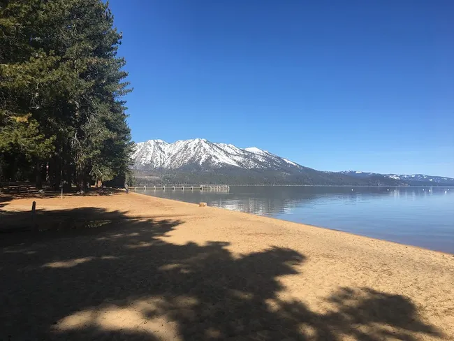 Sandy beach beside a calm lake with snow-capped mountains and pine trees under a clear blue sky.