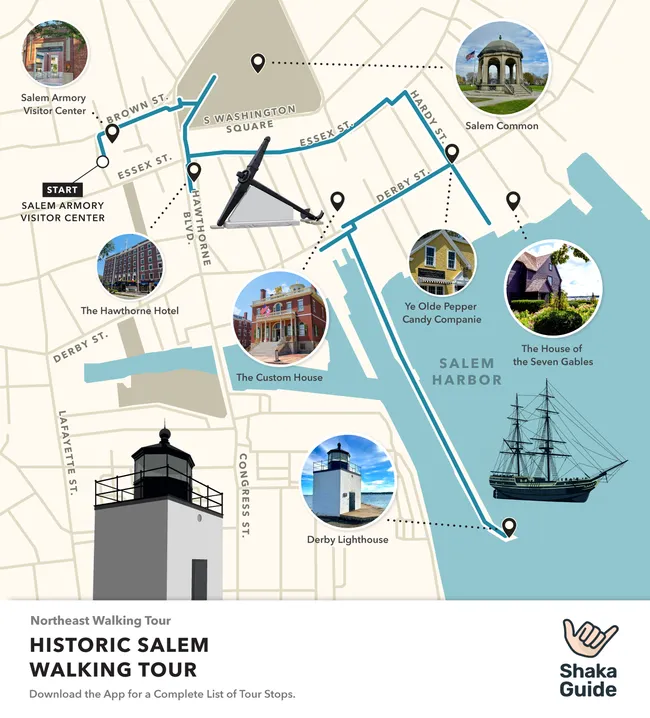 Illustrated map of the Historic Salem Walking Tour showing landmarks like the House of the Seven Gables, Salem Common, the Custom House, and Derby Lighthouse along a marked route through downtown Salem, Massachusetts.