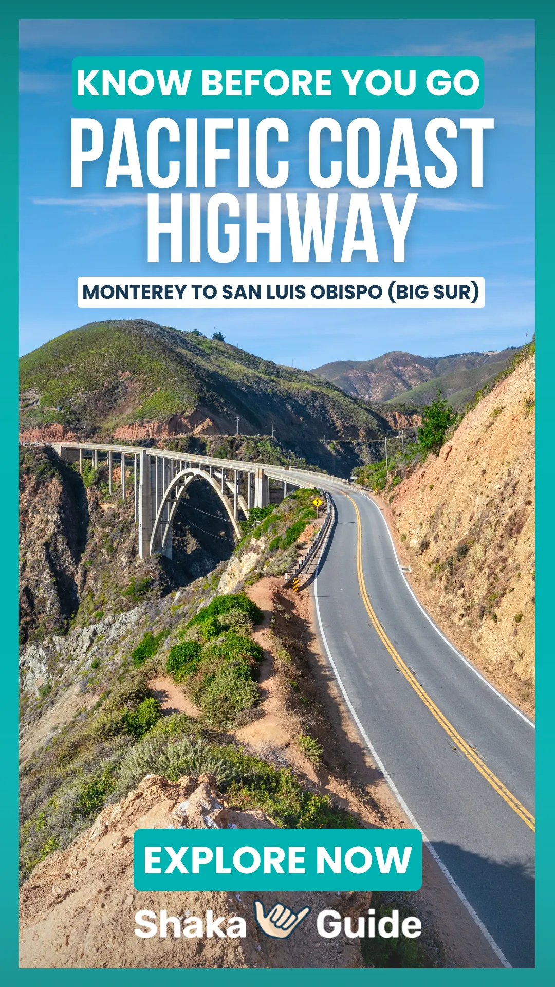 A vertical promotional graphic for a Pacific Coast Highway travel guide. The image features the iconic Bixby Creek Bridge spanning a rugged coastal canyon along California’s Big Sur coastline. A winding two-lane highway curves toward the bridge, with steep hillsides and ocean cliffs in the background under a clear blue sky. Large text reads “Know Before You Go: Pacific Coast Highway” with a subtitle “Monterey to San Luis Obispo (Big Sur).” A turquoise “Explore Now” button and the Shaka Guide logo appear near the bottom.