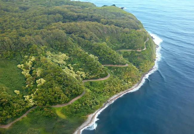 Aerial view of the winding Road to Hana hugging a lush green cliffside along Maui’s eastern coastline.