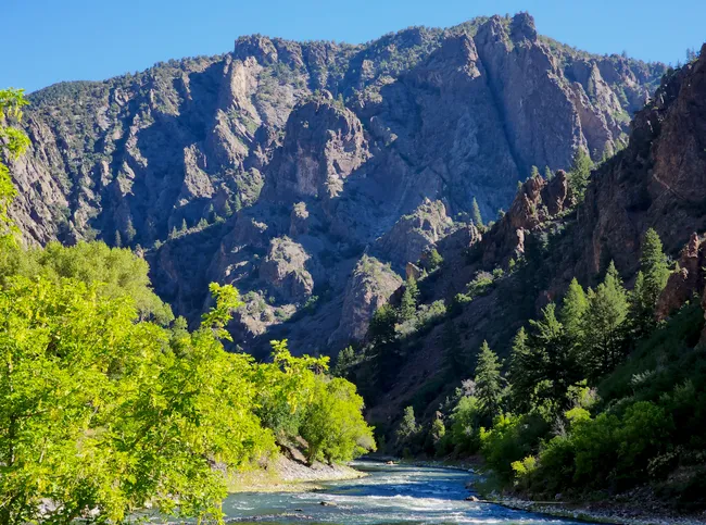 A peaceful river winds through the base of Black Canyon, surrounded by lush greenery and steep cliffs.