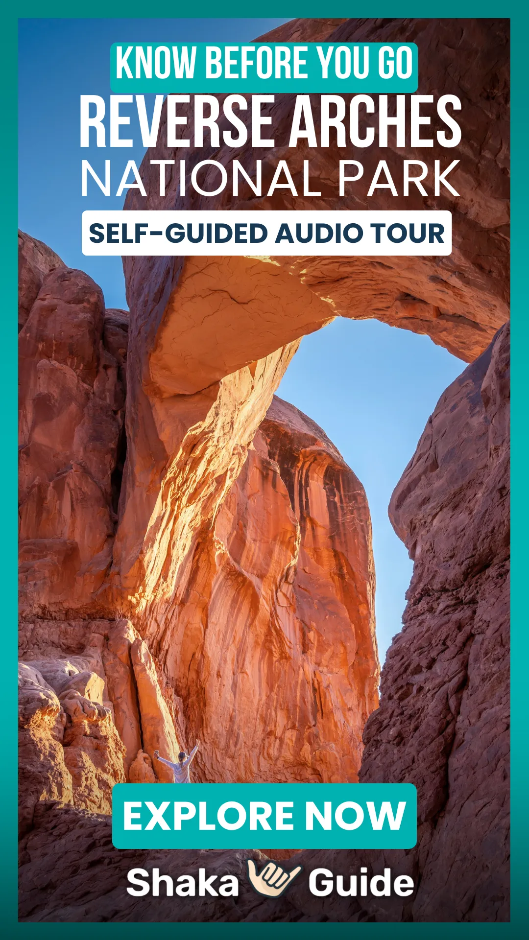 Traveler standing under a massive arch formation in Arches National Park with tour promo text.