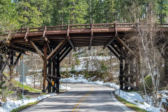 Scenic view of Iron Mountain Road in South Dakota, featuring a rustic wooden bridge arching over a winding paved road surrounded by pine trees and patches of snow.