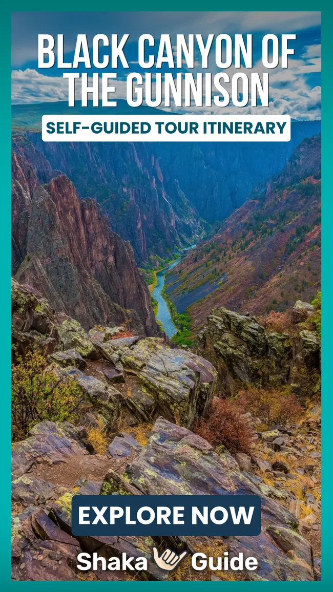 Promotional image for Black Canyon of the Gunnison self-guided tour itinerary, featuring rugged canyon cliffs, a winding river, and rocky foreground under dramatic skies.