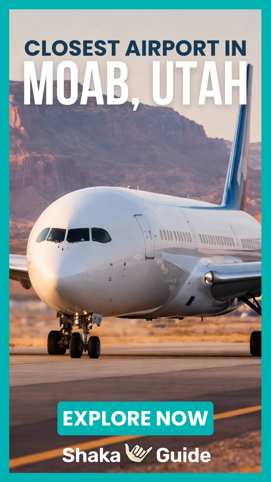 A commercial airplane on a runway with red rock formations in the background promoting Moab’s closest airport.
