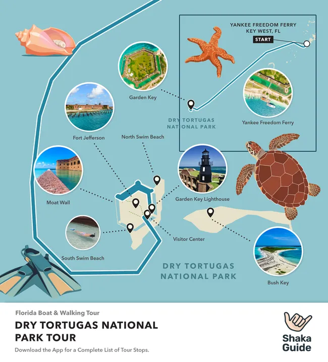 Illustrated tour map of Dry Tortugas with Fort Jefferson, ferry route, and snorkel beaches.