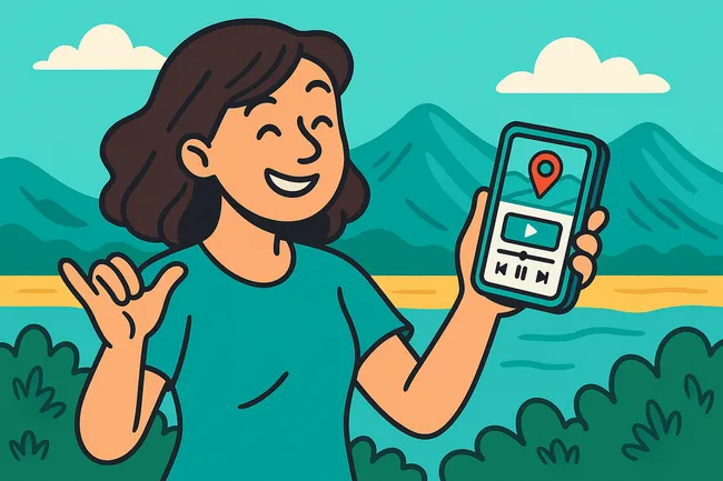 Vector-style illustration of a smiling woman making a shaka sign and holding a phone with a location pin and audio playback screen, set against a scenic background of mountains, water, and greenery.