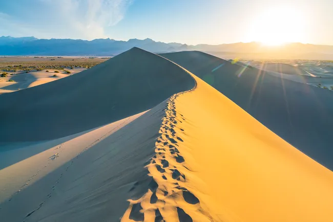 Footprints line the crest of a golden sand dune at sunrise in Death Valley National Park, with mountains in the distance.