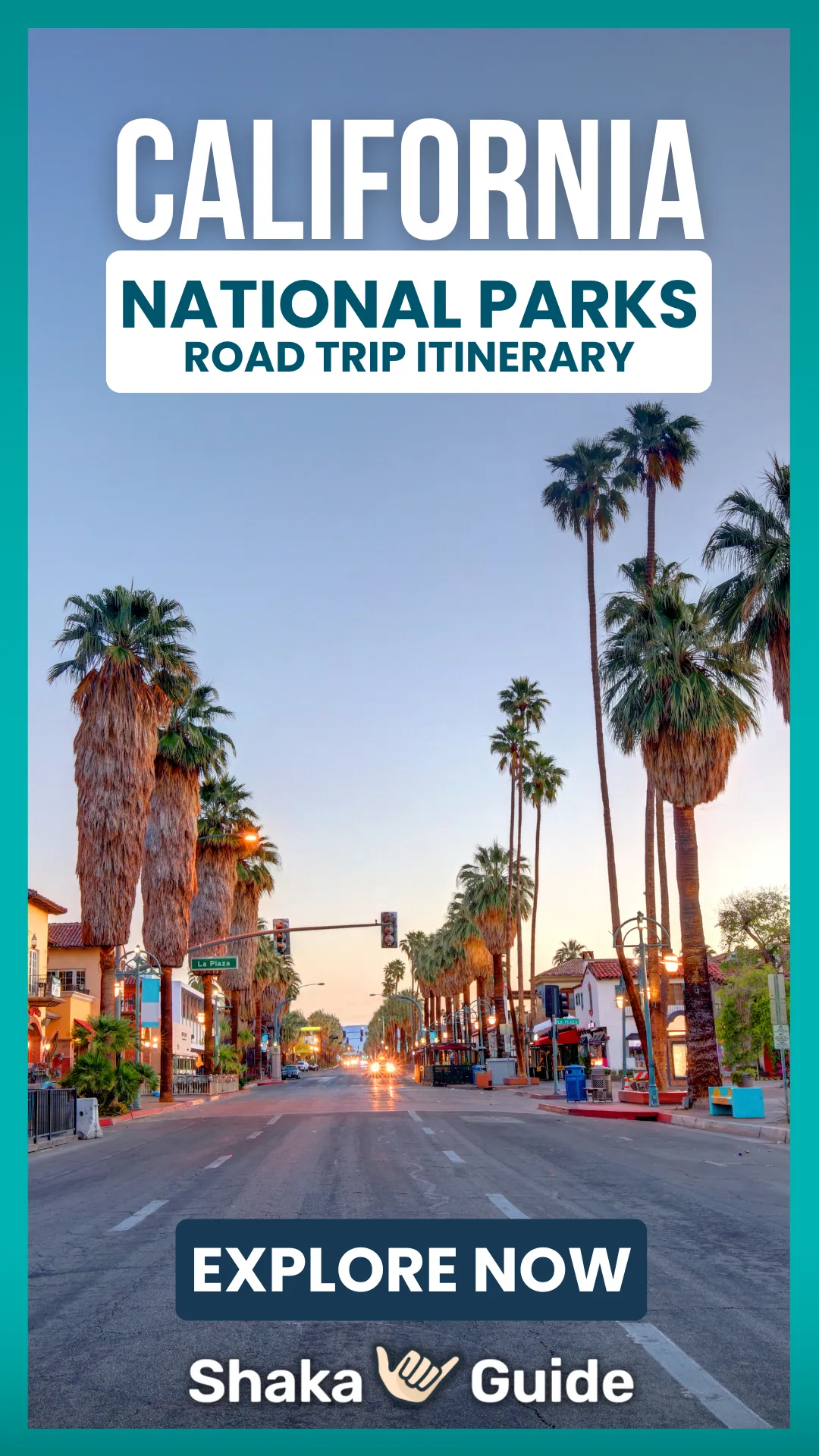 A palm-lined street at sunset sets the scene for a California National Parks road trip itinerary by Shaka Guide.