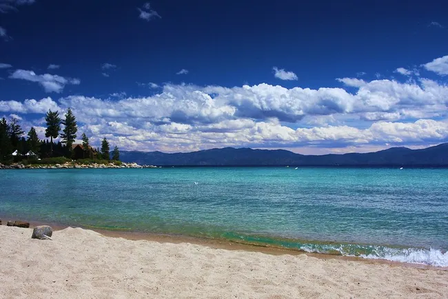 Sandy beach with turquoise water, distant mountains, and scattered pine trees under a deep blue sky with clouds.