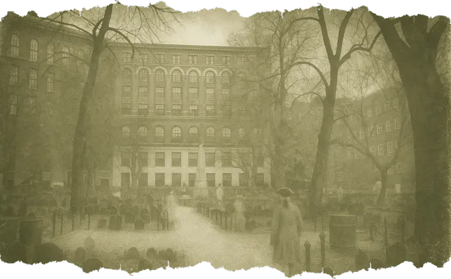Sepia-toned photo of an old cemetery with headstones and leafless trees in front of a tall historic building.
