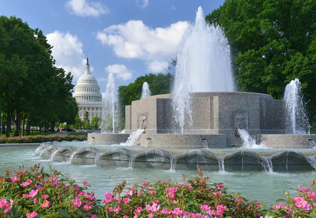 The Senate Fountain on the U.S. Capitol grounds in Washington, D.C., photographed on a bright summer day. Multiple tall water jets spray upward from a large circular granite fountain structure adorned with stone relief face carvings, while scallop-shaped spillways cascade water around the outer basin. Vibrant pink roses bloom in the foreground. The iconic white dome of the U.S. Capitol building is visible to the left in the background, framed by lush green trees under a partly cloudy blue sky.