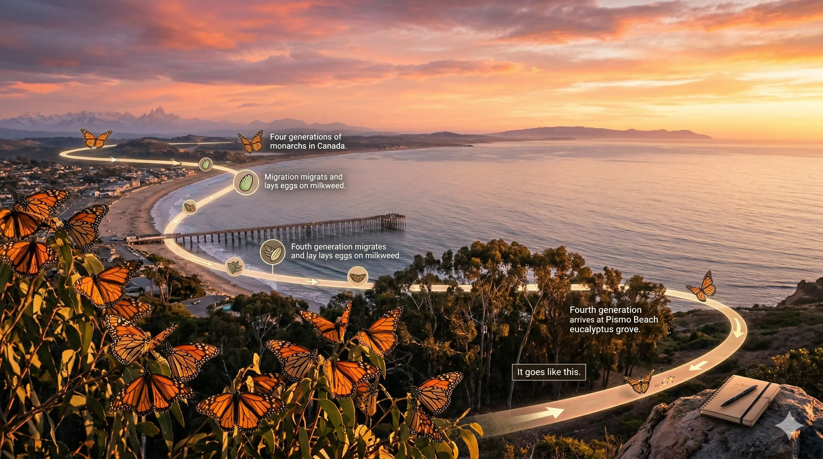 An educational illustration of the monarch butterfly life cycle and migration route, overlaid on a sunset coastal landscape of Pismo Beach. In the foreground, dozens of orange and black monarch butterflies are clustered on green leaves. A glowing golden line traces a winding path along the coast, punctuated by icons of eggs and chrysalises. Text labels explain the four generations of the migration, from Canada down to the Pismo Beach eucalyptus grove. A travel notebook sits on a rocky ledge in the bottom right corner under a vibrant orange and purple sky.