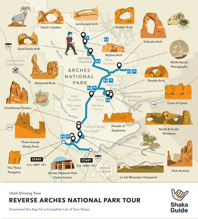 “Illustrated map of Shaka Guide’s Reverse Arches National Park Tour with major landmarks and driving route.