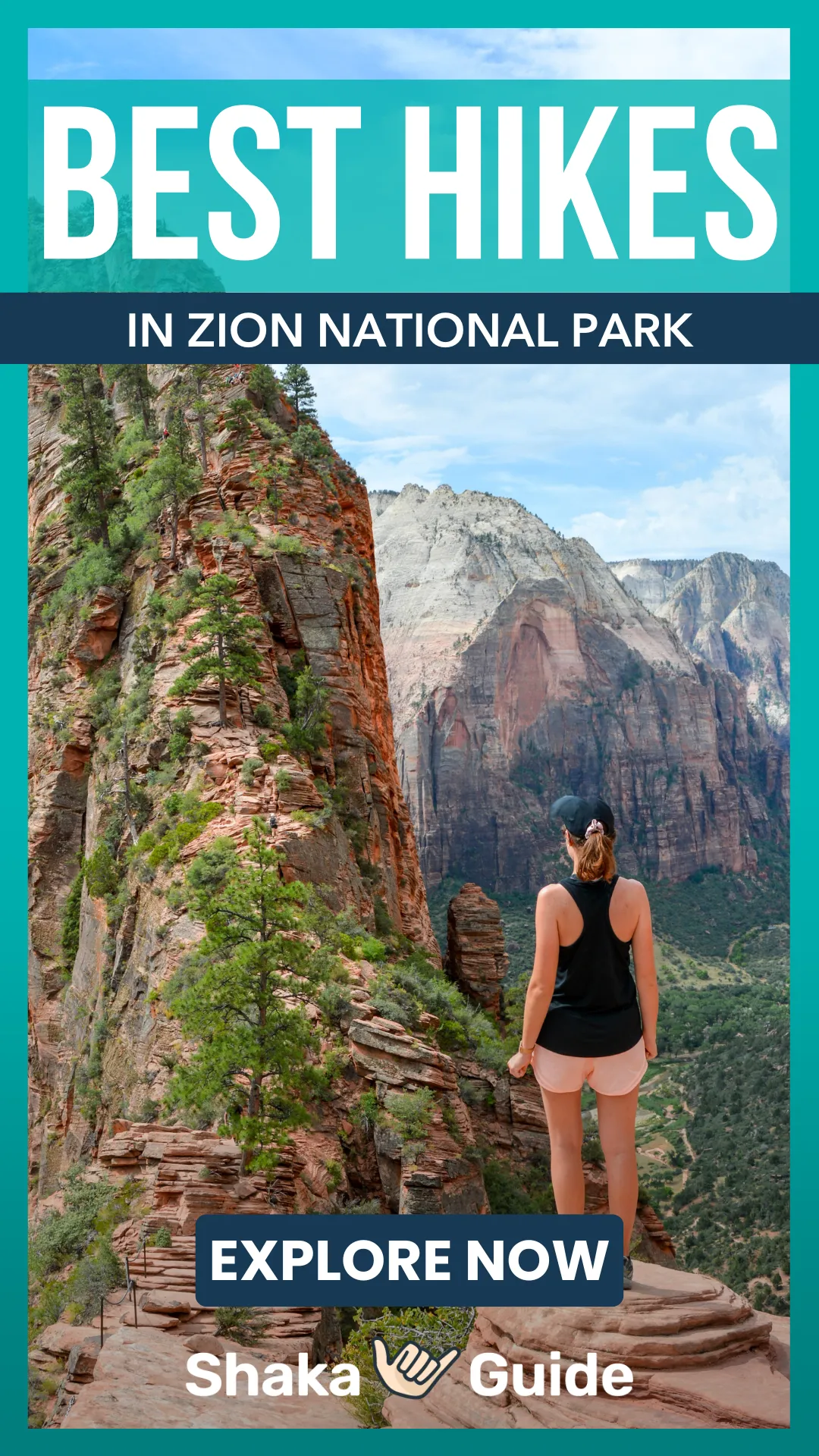 Woman standing on rocky cliff overlooking dramatic red rock formations at Zion National Park with "Best Hikes" text overlay.