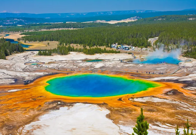 Aerial view of Grand Prismatic Spring in Yellowstone National Park, showing its vivid rainbow-colored rings surrounded by white mineral flats, forest, and boardwalk trails.