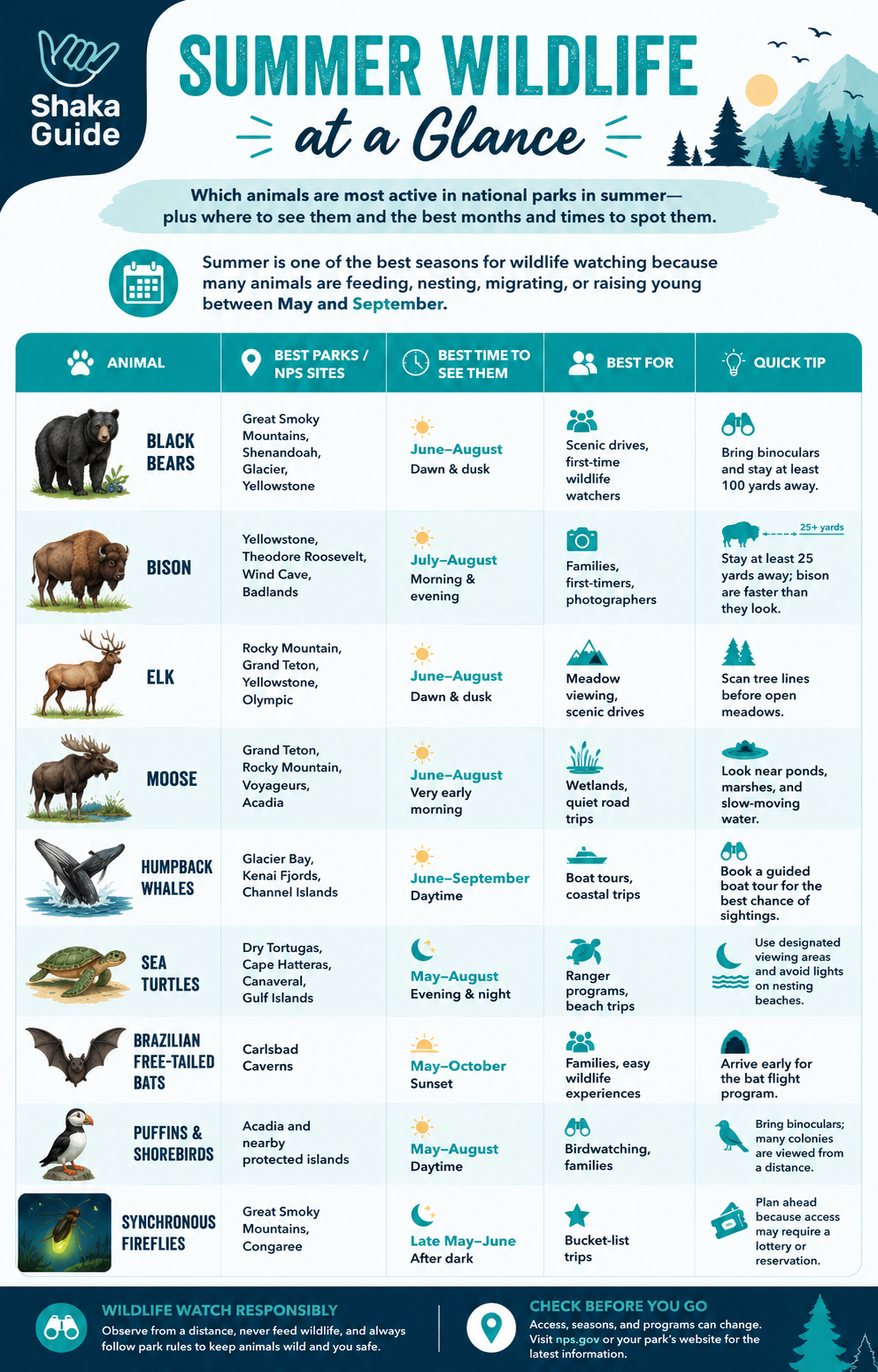 Infographic titled “Summer Wildlife at a Glance” from Shaka Guide, showing a table of animals commonly seen in U.S. national parks during summer. It lists black bears, bison, elk, moose, humpback whales, sea turtles, Brazilian free-tailed bats, puffins and shorebirds, and synchronous fireflies, along with recommended parks, best viewing months and times, ideal activities, and wildlife-watching safety tips.