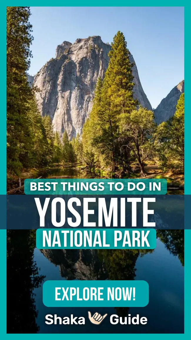 A vertical promotional graphic featuring a towering, sheer granite mountain face perfectly reflected in a mirror-like river. The image is overlaid with a teal and white title and a teal "Explore Now!" button at the bottom.