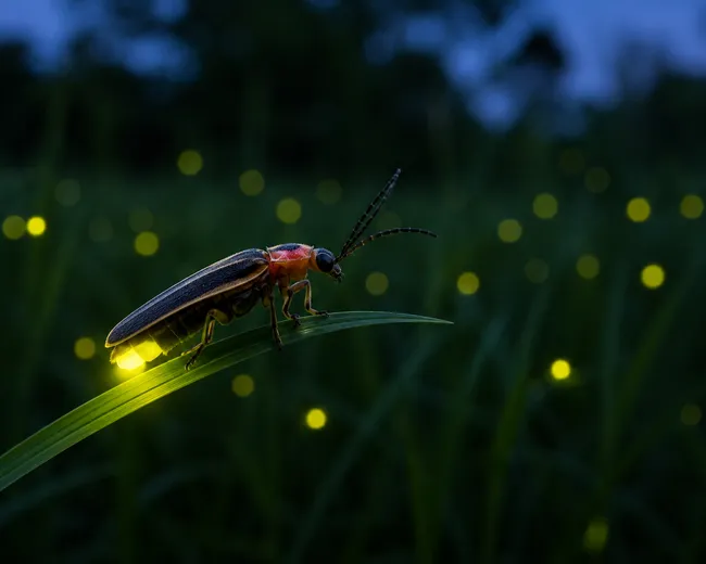 A close-up view of a glowing firefly perched on a curved green blade of grass at dusk. The insect’s bioluminescent abdomen emits a bright yellow-green light, illuminating the grass beneath it. The background is softly blurred, showing a dark meadow dotted with numerous glowing fireflies against a deep blue evening sky, creating a peaceful and magical nighttime scene.