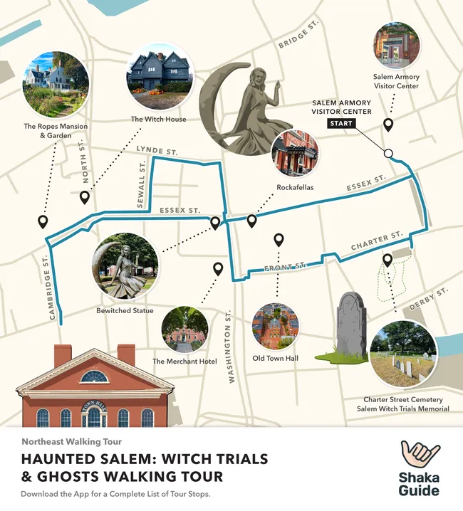 Illustrated map of the Haunted Salem: Witch Trials & Ghosts Walking Tour, highlighting stops like The Witch House, Bewitched Statue, Charter Street Cemetery, Old Town Hall, Rockafellas, and the Salem Armory Visitor Center.