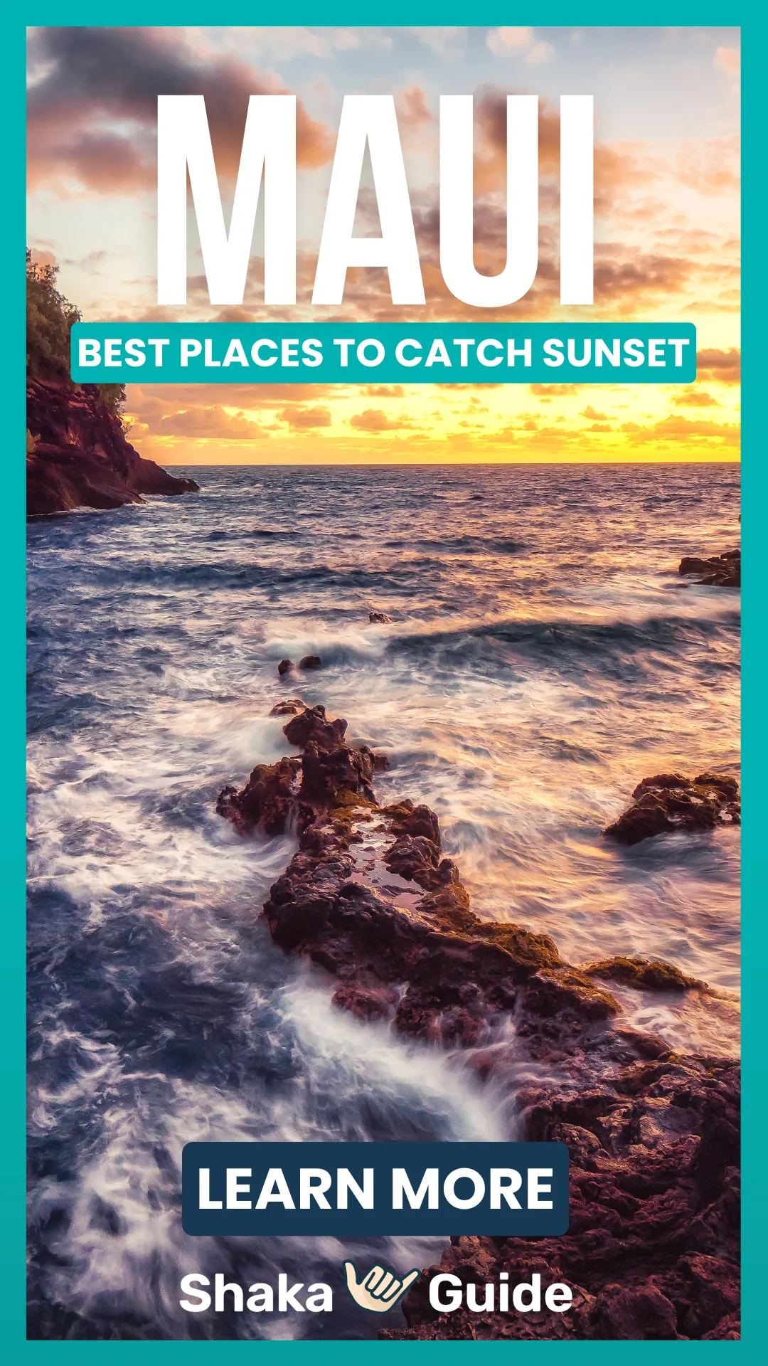 Rocky Maui shoreline at sunset with golden clouds and waves crashing along the coast.