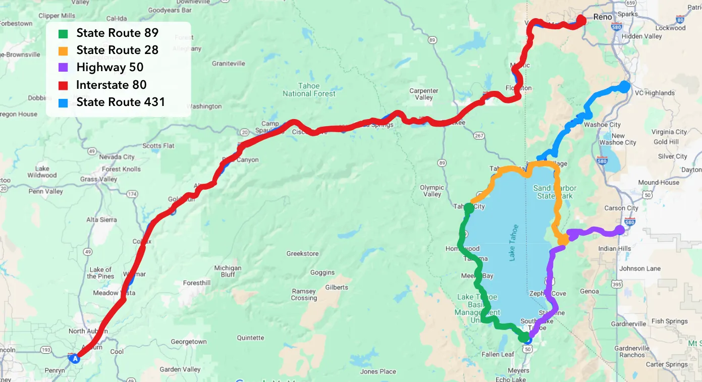 Map showing Lake Tahoe and nearby highways with color-coded routes including Interstate 80, Highway 50, State Routes 28, 89, and 431.