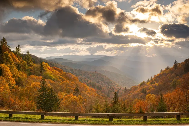 Vibrant autumn foliage and rolling mountains under a cloudy sky in Great Smoky Mountains National Park.