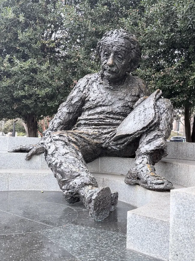 A large bronze statue of Albert Einstein seated casually on a granite bench, holding a paper with equations in his lap. The sculpture, created by Robert Berks, features a heavily textured, expressive surface giving it a rough, impressionistic quality. Einstein is depicted in relaxed clothing with his legs stretched out, wearing his characteristic disheveled appearance. The memorial is set against a backdrop of dense green shrubbery at the National Academy of Sciences grounds in Washington, D.C.
