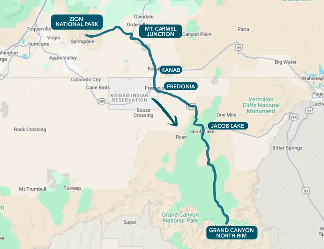 Illustrated driving route from Zion National Park to Grand Canyon North Rim, passing Mt. Carmel, Kanab, and Jacob Lake.