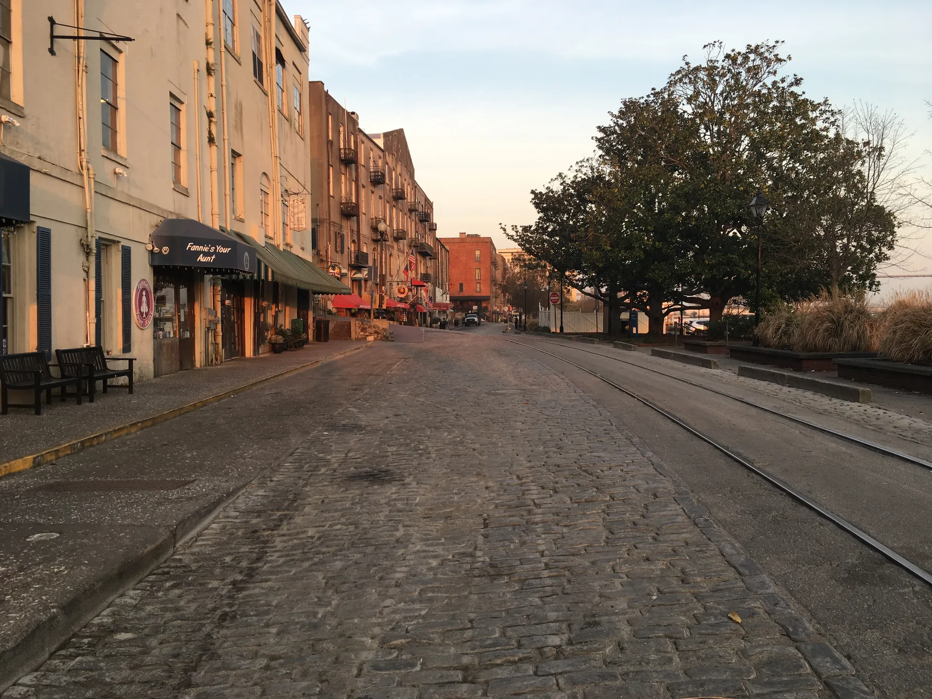 Cobblestone path along River Street with storefronts and trees, captured in the early evening light.