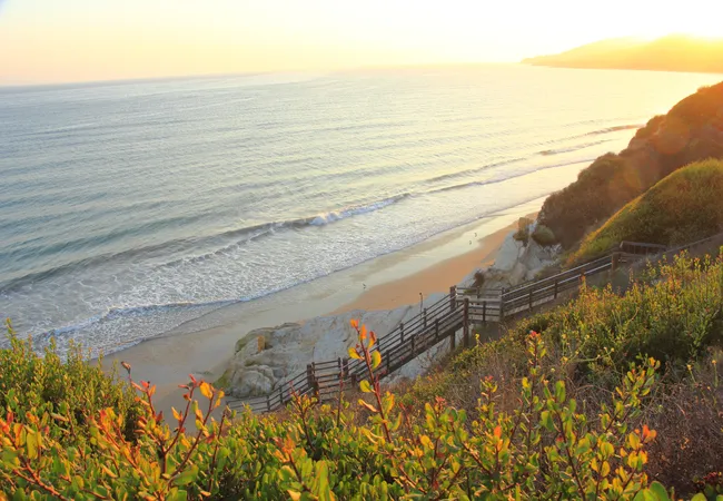 A warm, high-angle sunset view looking down over a wooden staircase and boardwalk that winds down a bluff toward a sandy beach. Lush green bushes with orange-tipped leaves frame the foreground. The calm Pacific Ocean stretches to the horizon under a soft, golden sky, with the sun's rays casting a hazy glow over the water and the distant coastline.