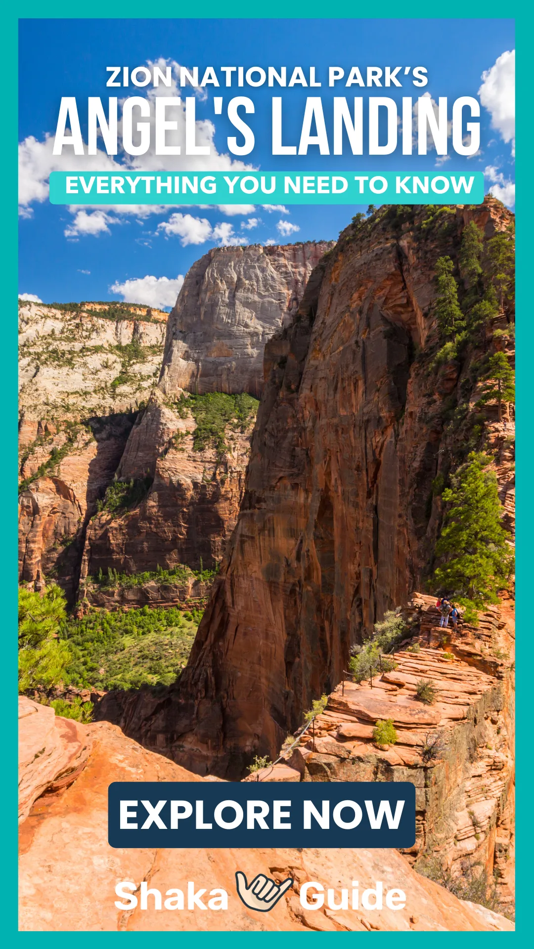 A narrow sandstone ridge drops steeply on both sides while a few hikers make their way along its uneven, reddish-orange rock surface beneath towering canyon walls and a bright blue sky.