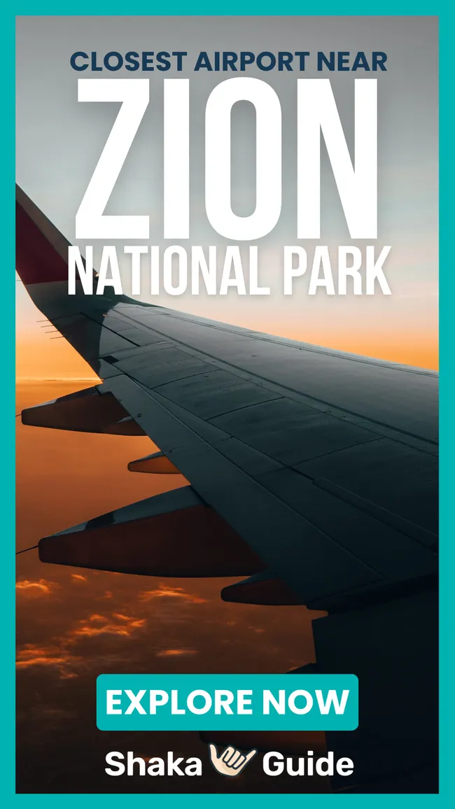 View from an airplane window at sunset with text overlay reading "Closest Airport in Zion National Park – Explore Now.