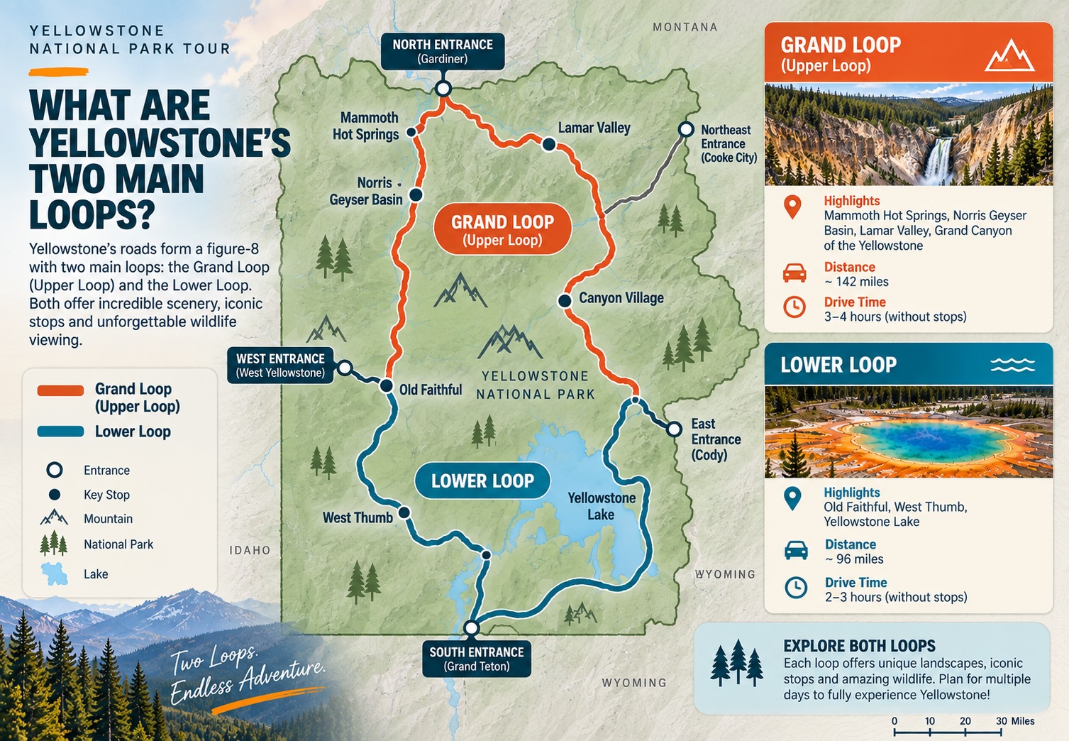 Map detailing the Grand Loop and Lower Loop routes of Yellowstone National Park, highlighting key locations and driving information.