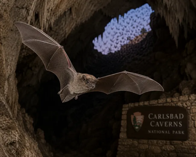 A Brazilian free-tailed bat flies through the entrance chamber of Carlsbad Caverns National Park, its wings fully extended and sharply detailed against the dim cave interior. In the background, hundreds of bats stream toward the cave opening, where daylight illuminates the rocky cavern walls. A Carlsbad Caverns National Park sign is visible near the cave entrance, providing context for the location.