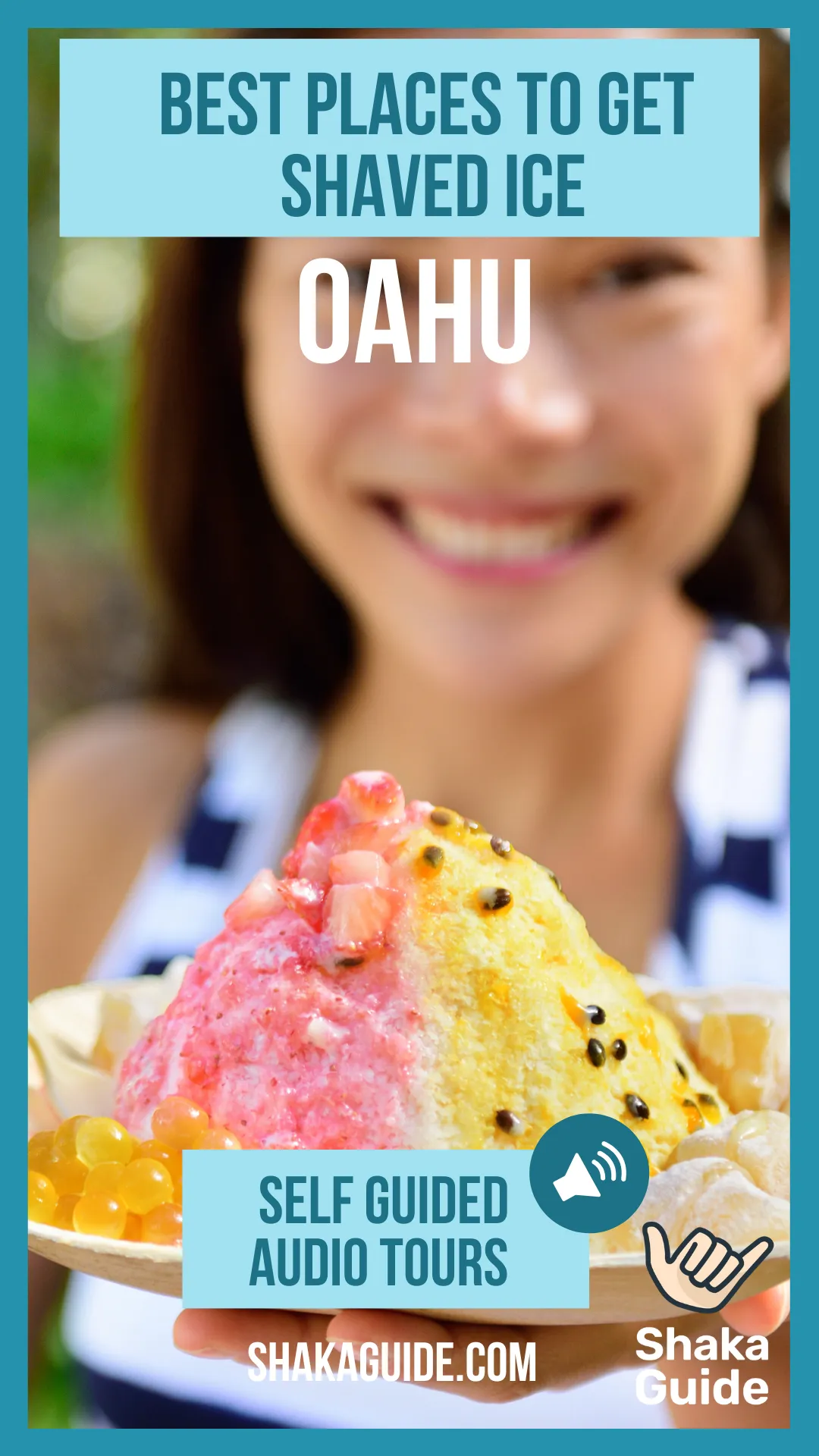 A person holds a plate of colorful shave ice topped with fruit, promoting Oahu's best places to enjoy this popular dessert.