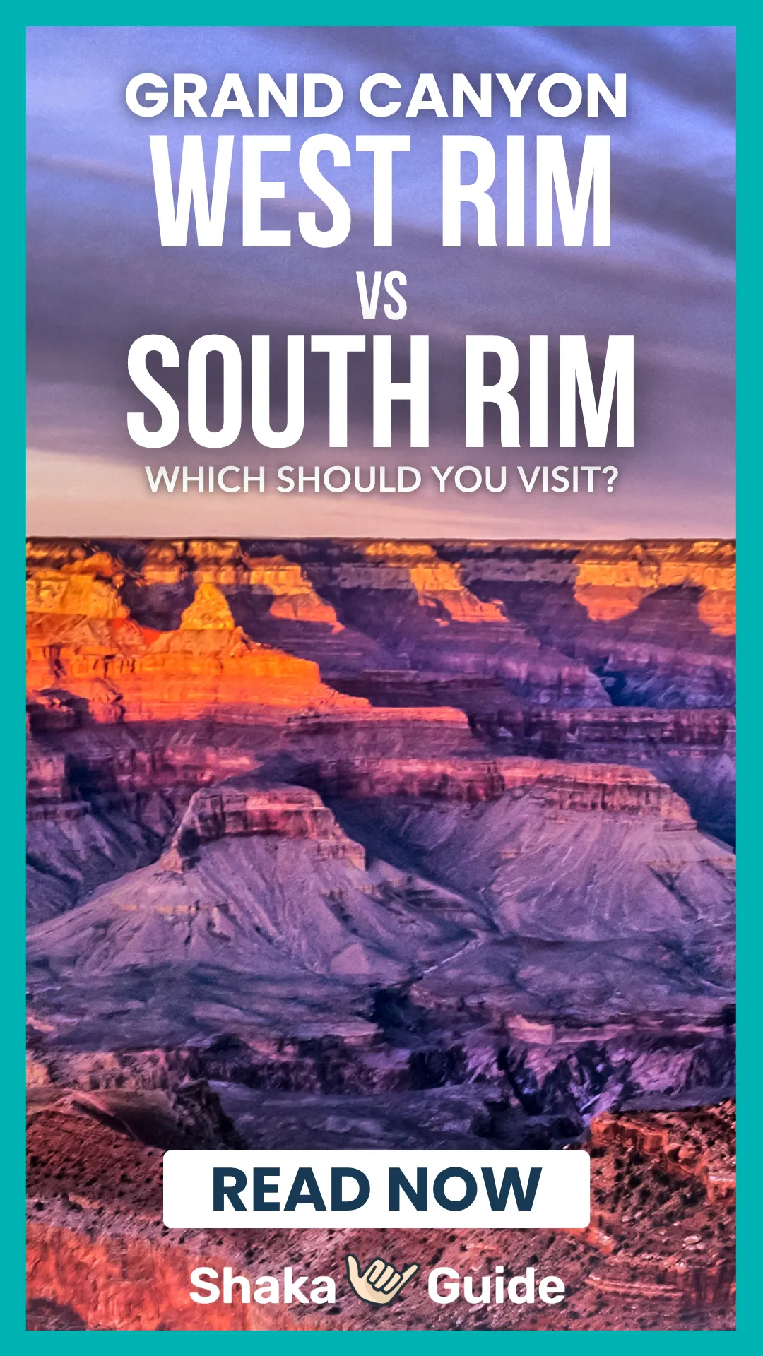 A vertical travel graphic titled "GRAND CANYON: WEST RIM VS SOUTH RIM - WHICH SHOULD YOU VISIT?" The background features a breathtaking sunset view of the Grand Canyon, with the inner buttes glowing in fiery orange against deep purple shadows under a moody, clouded sky. A "READ NOW" button is positioned at the bottom above the Shaka Guide logo.