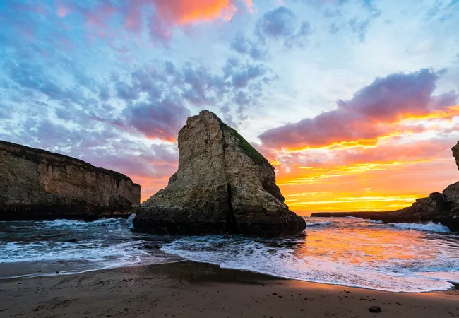 A towering sea stack rises from the surf at Shark Fin Cove during sunset, framed by rugged coastal cliffs and reflected in wet sand beneath a sky streaked with vibrant pink, orange, and blue clouds.