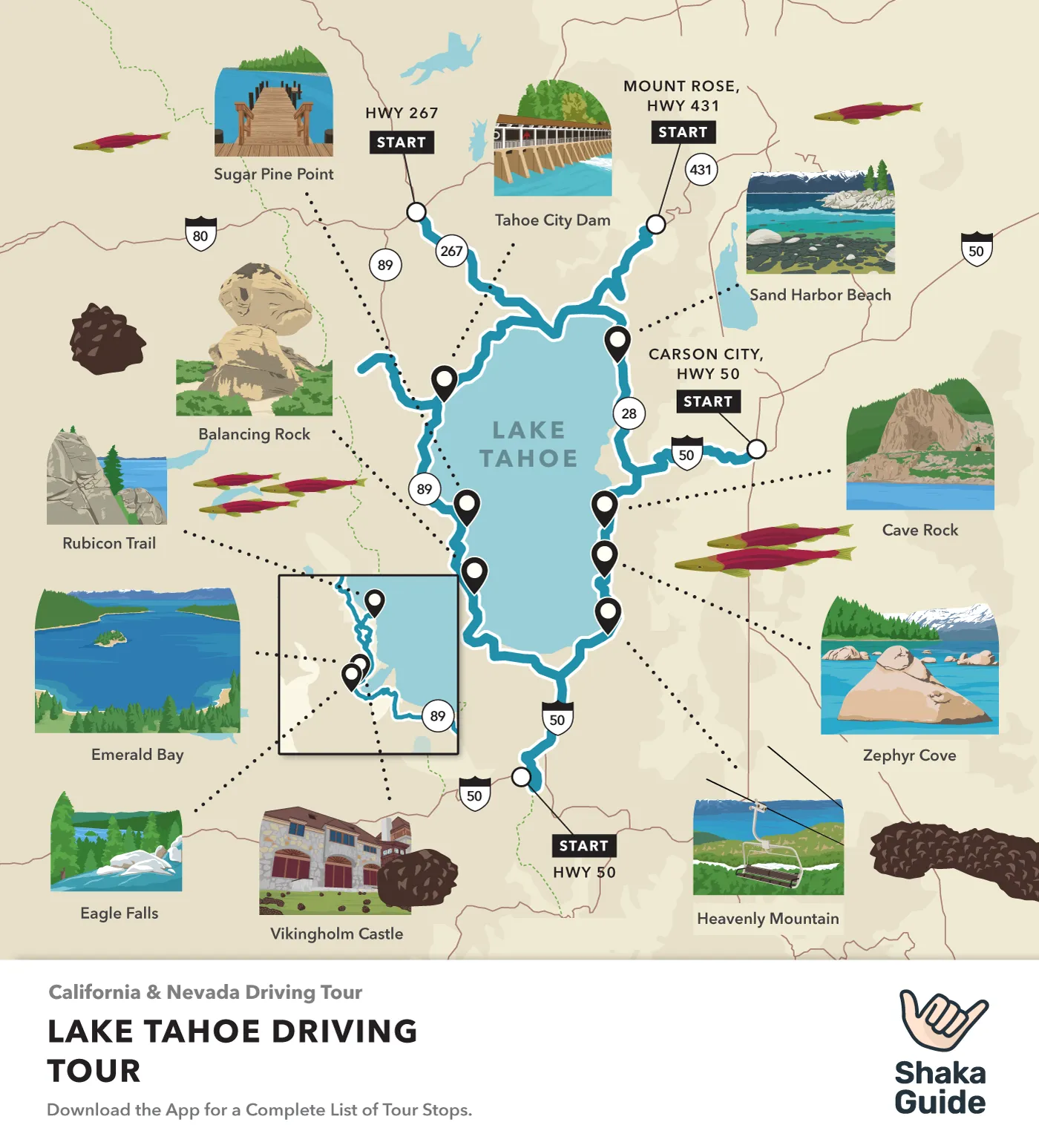 Map highlighting a driving tour around Lake Tahoe, showcasing various attractions and starting points for exploring the area.