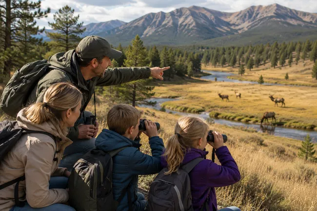 A family of four enjoys wildlife viewing from a scenic overlook in a broad mountain valley. The father points excitedly toward a group of elk grazing near a winding river, encouraging his children to take a closer look. Both children use binoculars while seated on the hillside, and their mother watches attentively beside them. Pine forests, golden grasslands, and rugged mountains stretch across the background under a partly cloudy sky, creating a warm and inviting outdoor adventure scene centered on family discovery and wildlife observation.