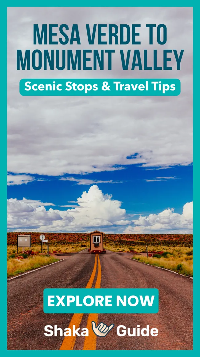 Graphic with road trip photo and bold text promoting scenic stops and travel tips between Mesa Verde and Monument Valley.