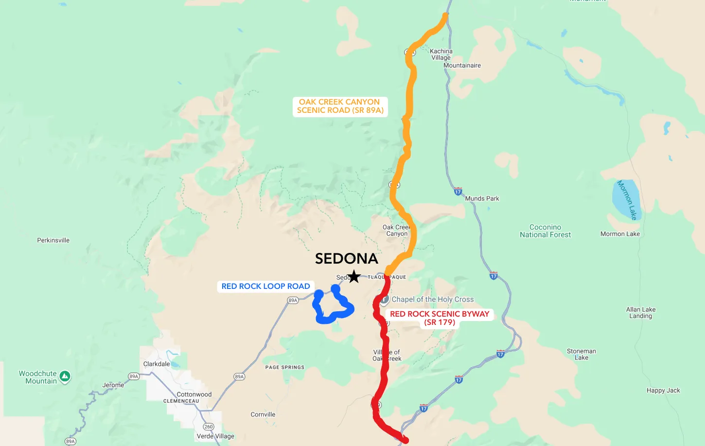 Color-coded map showing Sedona’s three top scenic drives: Oak Creek Canyon, Red Rock Loop Road, and Red Rock Scenic Byway.