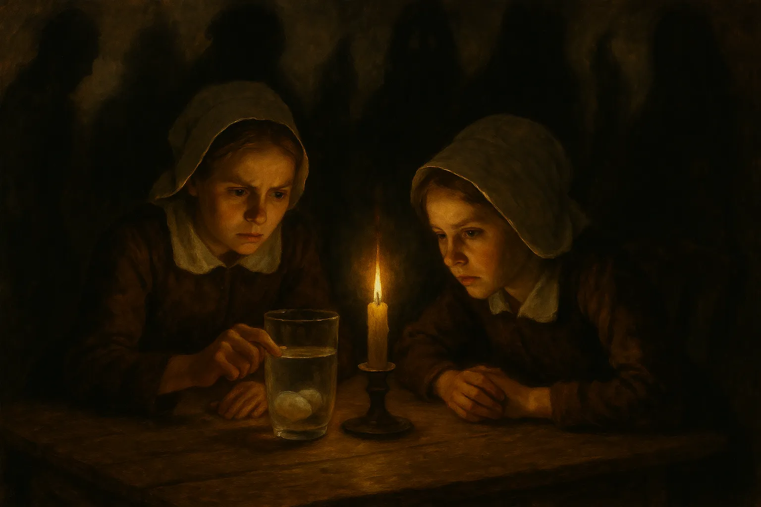 Two Puritan girls in colonial clothing stare intently at an egg floating in a glass of water, lit by a single candle, with dark shadowy figures looming in the background.