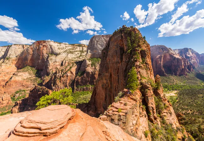 Steep red-rock cliffs rise sharply above a deep canyon, with jagged ridges, scattered green trees, and bright blue sky overhead.